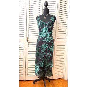 Vintage 90's Simply Silk Black and Teal Floral Midi Maxi Skirt Size M